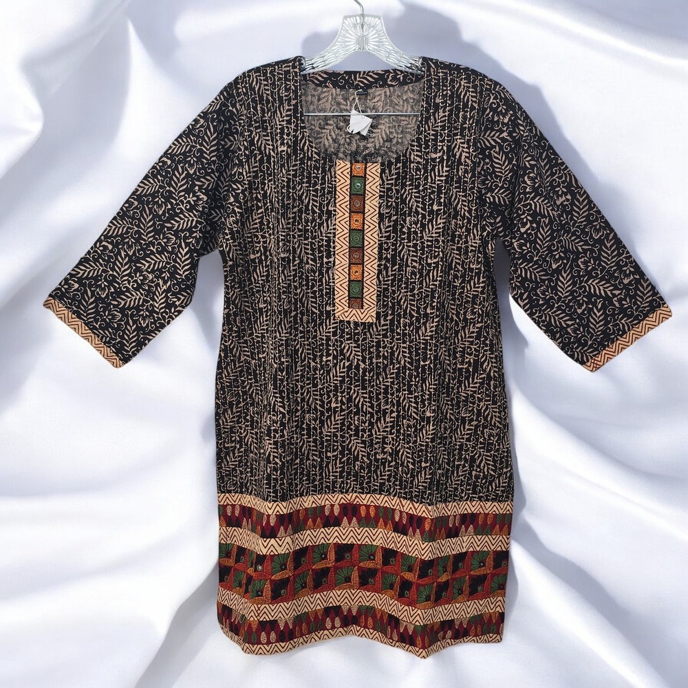 Ethnic Tunic Dress Top Block Print Embroidered Details Bohemian Style Woman‎ XL